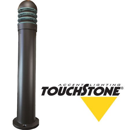 A black bollard with the touchstone logo on it, perfect for pathway lights or landscape lighting.