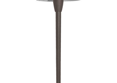 The Zumbra 7 Series brown outdoor pathway light features a round, wide-brimmed top, cylindrical pole, and flared base for stylish illumination.