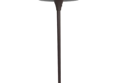 The Centino Series brown metal outdoor path light features a wide, round cone-shaped shade and a straight pole, adding elegance to any walkway.