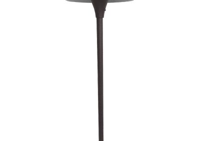 The Centino Series outdoor path light features a tall, black design with a round, flat, cone-shaped top on a slender post.