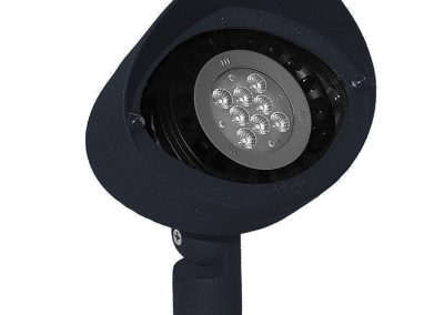 The MaxFlood is a black outdoor LED spotlight featuring a round head, visible LED bulbs, and an adjustable mounting bracket.