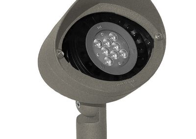 The MaxFlood outdoor LED landscape spotlight features a round head, adjustable mounting base, and multiple small LEDs arranged in a circular pattern for optimal illumination.