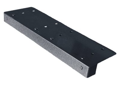 The 10 inch Ledge Series is a rectangular black metal mounting bracket featuring multiple holes and a raised ledge on one side, displayed against a white background.
