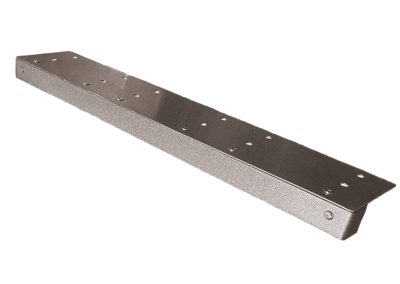 The 15 inch Ledge Series is an angled metal bracket with multiple evenly spaced holes along its length, perfect for mounting or providing structural support on shelves or ledges.