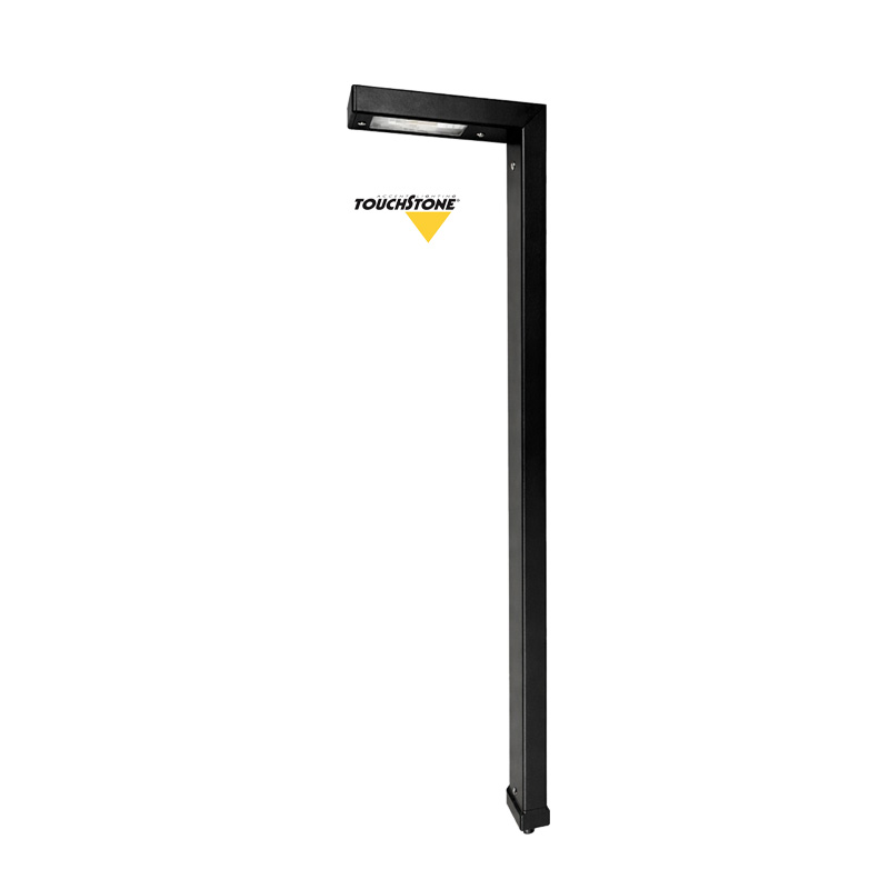 The Loo Series outdoor bollard light features a sleek black metal rectangular design with an LED panel under the top and the "TOUCHSTONE" logo in black and yellow—ideal for stylishly lighting your loo path.