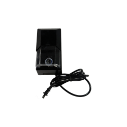 The Plastic Transformer is a black electric pencil sharpener with a transparent shavings compartment, attached power cord, and built-in transformer, displayed against a plain white background.