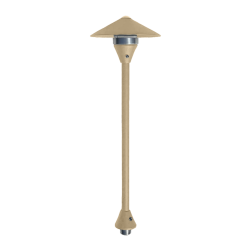 A Centini Series beige outdoor pathway light featuring a conical top, cylindrical stem, and wide base, shown on a white background.
