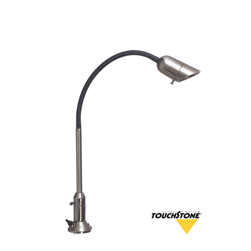 The Grill Light Kit is a flexible gooseneck LED lamp with a metallic finish and clamp base, shown on a white background with the Touchstone logo in the corner.
