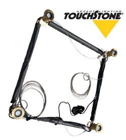 WaterRack film lighting equipment with articulated black arms and attached cables, featuring a snail-shaped knob on a white background.