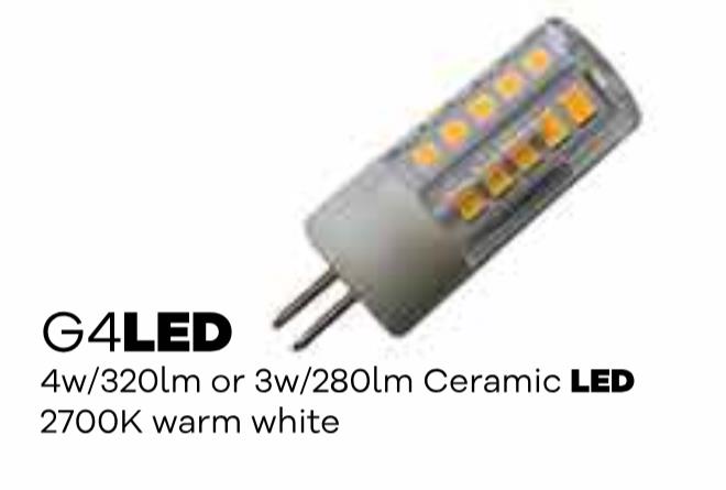 Close-up of the Commander G4 LED bulb with specs listed: 4w/320lm or 3w/280lm Ceramic LED, 2700K warm white.