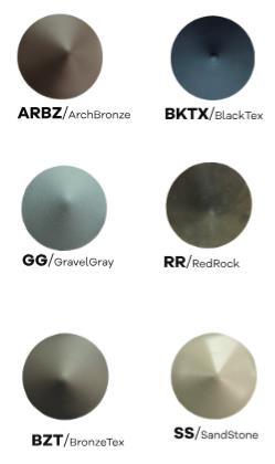 Tubelle features six circular color samples labeled: ARBZ (ArchBronze), BKTX (BlackTex), GG (GravelGray), RR (RedRock), BZT (BronzeTex), SS (SandStone).