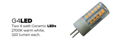 Image of a Tubelle G4 LED bulb: dual 4-watt ceramic LEDs, 2700K warm white, emitting 320 lumens each.