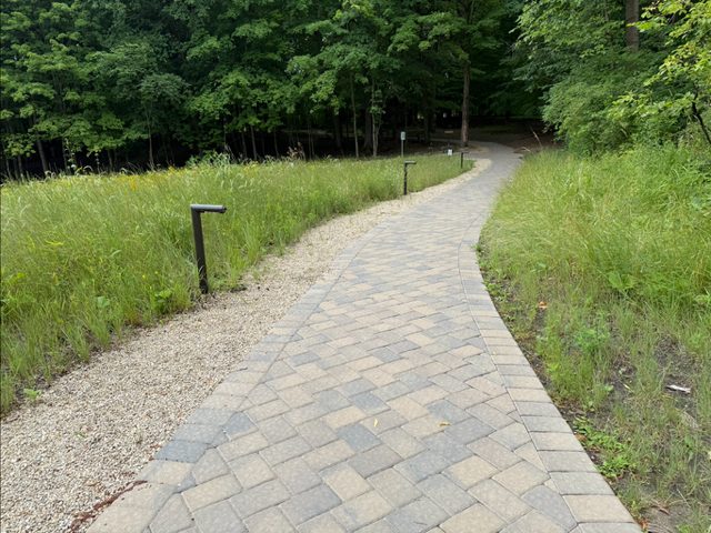 IMG_4068 A paved walkway curves through a grassy area with trees in the background, illuminated by sleek Tubelle Series path lights along the side.